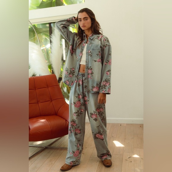 Denim floral washed button shirt elastic waist wide leg boho bohemian pant set - Picture 8 of 11